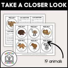 Load image into Gallery viewer, product image for the printable australian animals who am I headbands game that shows the cards include 19 different animals as well as cards for clue question prompts.
