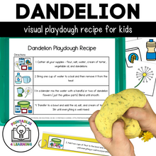 Load image into Gallery viewer, Product Featured Image: "Dandelion Playdough Visual Recipe Kit featuring all components, including ingredient cards, visual recipe, and playdough mat.