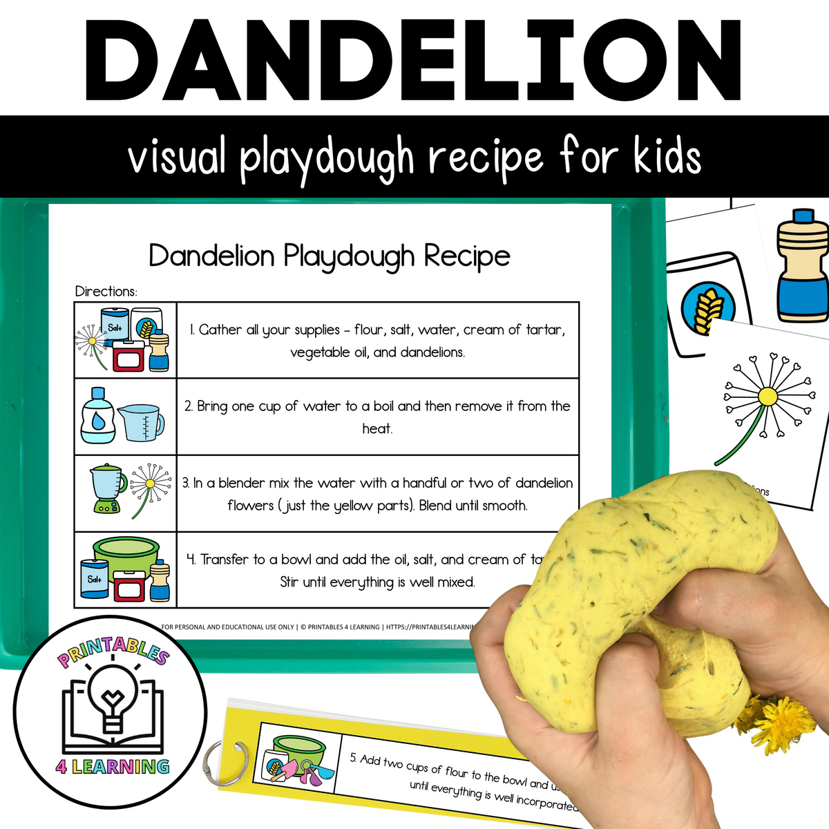 Adapted Visual Recipe Dandelion Playdough Printables 4 Learning