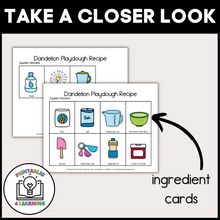 Load image into Gallery viewer, Ingredient Cards: "Ingredient task cards for making dandelion playdough, showing clear instructions and necessary items.