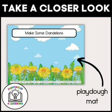 Load image into Gallery viewer, Playdough Mat: "Dandelion Playdough mat designed for imaginative play, featuring colorful graphics related to dandelion-themed activities.