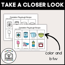 Load image into Gallery viewer, Color and Blackline Versions: "Comparison of color and blackline versions of the Dandelion Playdough Visual Recipe Kit components for easy printing options.