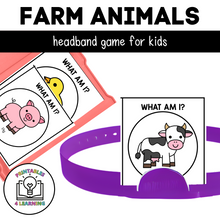Load image into Gallery viewer, featured image of the printable Farm Animals Who Am I? Headband game that shows the printable cards in a task box and on the headband game piece.