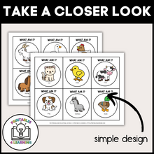 Load image into Gallery viewer, product image of the Who Am I? farm animal headband game that shows the simple design of the PDF.