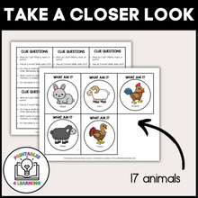 Load image into Gallery viewer, product image of the Farm Animal Who Am I? Headband game printable that shows the PDF packet includes 17 animal cards and question clue cards.