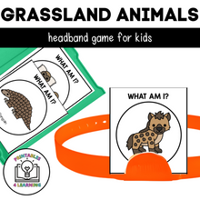 Load image into Gallery viewer, featured product image for the printable grassland who am I headbands game which shows the animal cards within a task box and displayed on the head band game piece.
