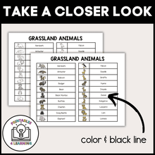 Load image into Gallery viewer, product image that shows the grassland animal vocabulary list included within the printable who am I headbands game PDF