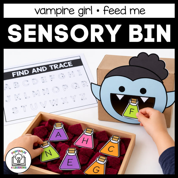 Child feeding the vampire girl in the Halloween Feed Me sensory bin, with the Find and Trace alphabet page