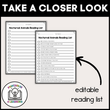 Load image into Gallery viewer, Editable Reading Log: Nocturnal Animal Books for Kids with Parent Handout