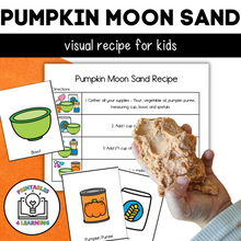 Load image into Gallery viewer, Featured Image: "Featured image of the Pumpkin Moon Sand Visual Recipe Kit showcasing all included components like ingredient cards and visual recipe.