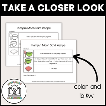 Load image into Gallery viewer, Color and Blackline Versions: "Comparison of color and blackline versions of the Pumpkin Moon Sand Visual Recipe Kit components for versatile printing options.