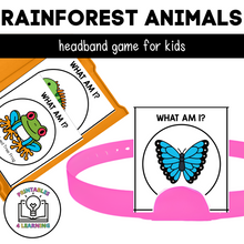 Load image into Gallery viewer, featured product image of the rainforest animal who am I headbands game that shows the printable displayed in a task box and on the headband game piece.