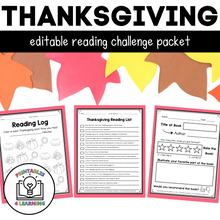 Load image into Gallery viewer, Editable Reading Log: Thanksgiving Books for Kids with Parent Handout