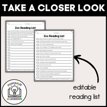 Load image into Gallery viewer, Editable Reading Log: Zoo Animal Books for Kids with Parent Handout