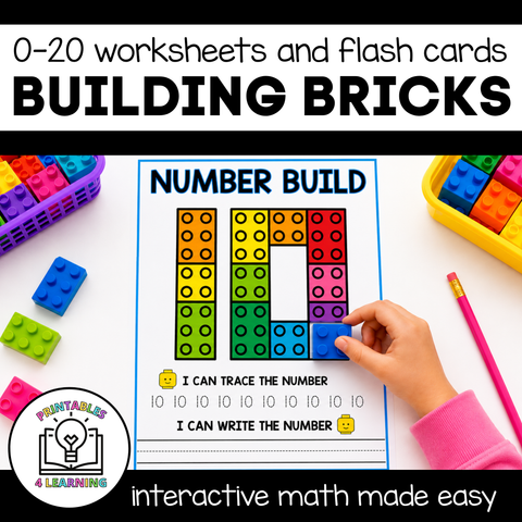 0-20 Numbers Building Brick Worksheets and Flash Cards
