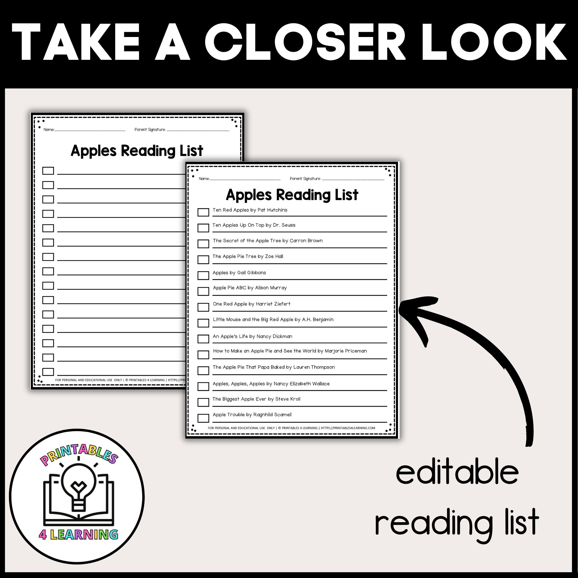 Editable Reading Log: Apple Books for Kids with Parent Handout for Free Printable Reading Log With Parent Signature
