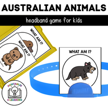 Load image into Gallery viewer, Featured product image for printable who am I australian animal headbands game that shows the pdf printed out with cards in a task box and one card displayed on the game headband.
