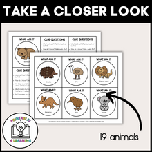 Load image into Gallery viewer, product image for the printable australian animals who am I headbands game that shows the cards include 19 different animals as well as cards for clue question prompts.
