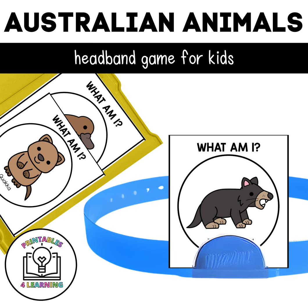 Featured product image for printable who am I australian animal headbands game that shows the pdf printed out with cards in a task box and one card displayed on the game headband.