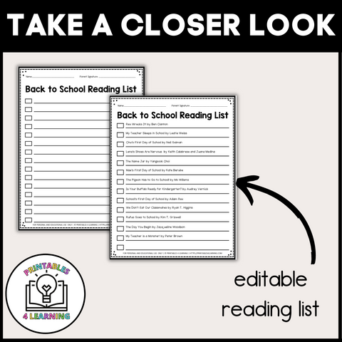 Editable Reading Log: Back to School Books for Kids with Parent Handout