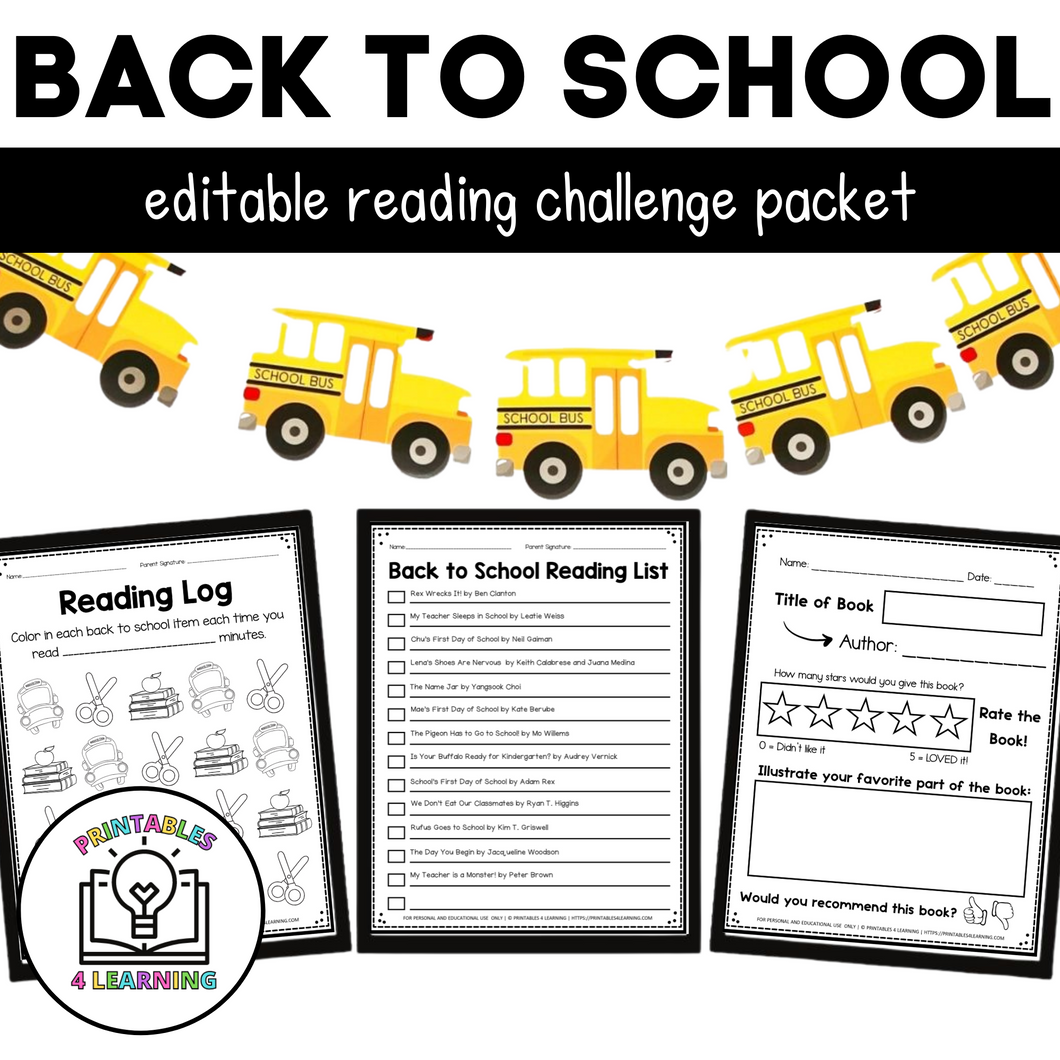 Editable Reading Log: Back to School Books for Kids with Parent Handout