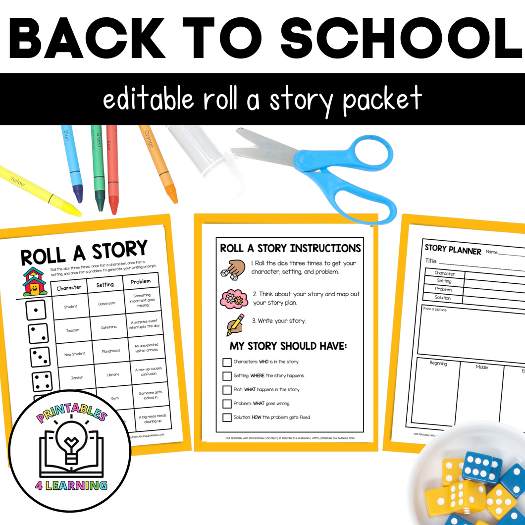 Back to School Editable Roll a Story Writing Prompts Pack