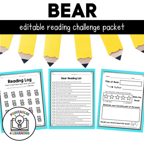 Editable Reading Log: Bear Books for Kids with Parent Handout