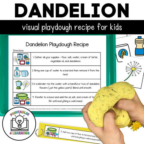 Product Featured Image: "Dandelion Playdough Visual Recipe Kit featuring all components, including ingredient cards, visual recipe, and playdough mat.