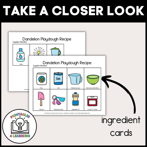 Ingredient Cards: "Ingredient task cards for making dandelion playdough, showing clear instructions and necessary items.