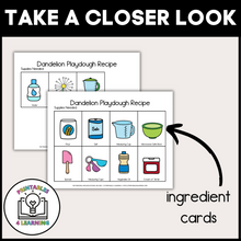 Load image into Gallery viewer, Ingredient Cards: &quot;Ingredient task cards for making dandelion playdough, showing clear instructions and necessary items.
