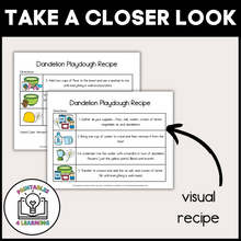 Load image into Gallery viewer, Visual Recipe: &quot;Visual recipe for Dandelion Playdough, illustrating step-by-step instructions for creating homemade playdough.
