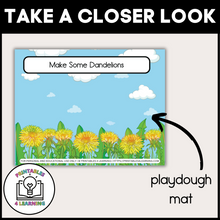 Load image into Gallery viewer, Playdough Mat: &quot;Dandelion Playdough mat designed for imaginative play, featuring colorful graphics related to dandelion-themed activities.
