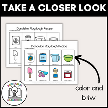 Load image into Gallery viewer, Color and Blackline Versions: &quot;Comparison of color and blackline versions of the Dandelion Playdough Visual Recipe Kit components for easy printing options.
