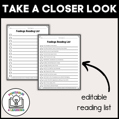 Editable Reading Log: Children's Books About Emotions with Parent Handout