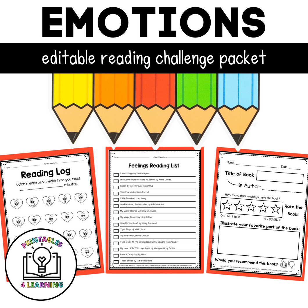 Editable Reading Log: Children's Books About Emotions with Parent Handout
