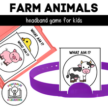 Load image into Gallery viewer, featured image of the printable Farm Animals Who Am I? Headband game that shows the printable cards in a task box and on the headband game piece.
