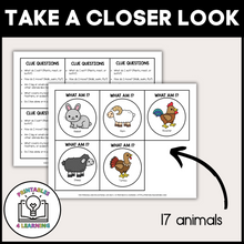 Load image into Gallery viewer, product image of the Farm Animal Who Am I? Headband game printable that shows the PDF packet includes 17 animal cards and question clue cards.
