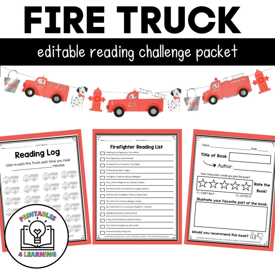 Editable Reading Log: Firefighter and Fire Truck Books for Kids with Parent Handout