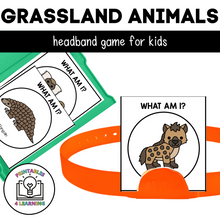 Load image into Gallery viewer, featured product image for the printable grassland who am I headbands game which shows the animal cards within a task box and displayed on the head band game piece.
