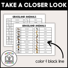 Load image into Gallery viewer, product image that shows the grassland animal vocabulary list included within the printable who am I headbands game PDF 
