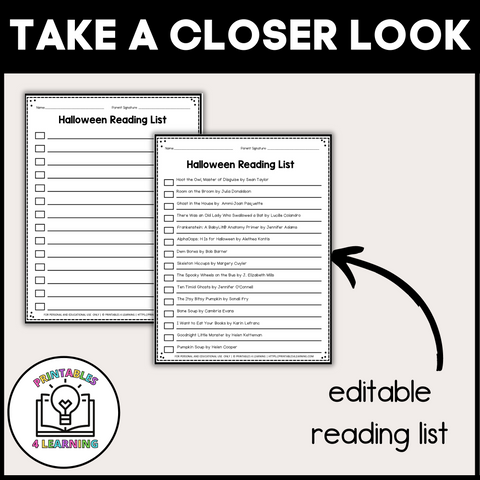 Editable Reading Log: Halloween Books for Kids with Parent Handout