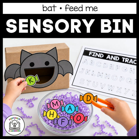 Child feeding the bat in the Halloween Feed Me sensory bin, with the Find and Trace alphabet page
