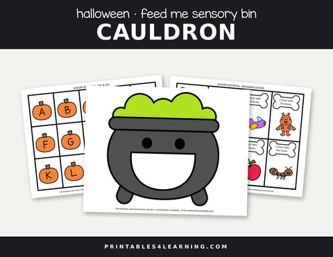 Halloween Feed the cauldron sensory bin cover