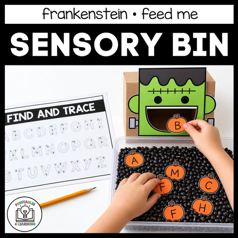 Child feeding the frankenstein in the Halloween Feed Me sensory bin, with the Find and Trace alphabet page