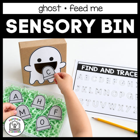 Child feeding the ghost in the Halloween Feed Me sensory bin, with the Find and Trace alphabet page
