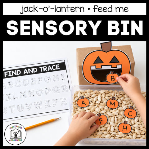 Child feeding the jack-o’-lantern in the Halloween Feed Me sensory bin, with the Find and Trace alphabet page