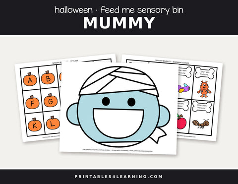 Halloween Feed the mummy sensory bin cover