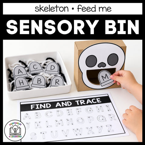 Child feeding the skull in the Halloween Feed Me sensory bin, with the Find and Trace alphabet page