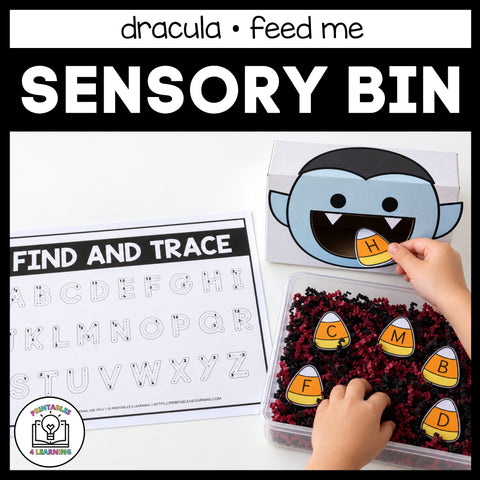 Child feeding the vampire boy in the Halloween Feed Me sensory bin, with the Find and Trace alphabet page