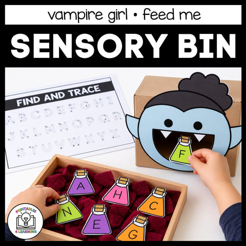 Child feeding the vampire girl in the Halloween Feed Me sensory bin, with the Find and Trace alphabet page